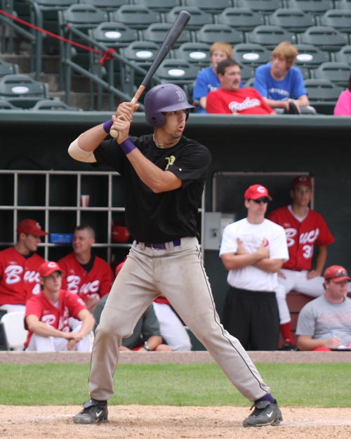 Billy Keck readies for a pitch against Christian Brother Univ.  Keck pitched on Saturday, four innings of one hit ball.
