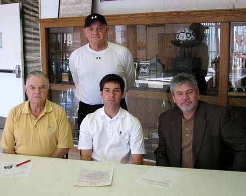  Seated (l to r): Men's Golf Coach Dr. Jerry Wilcoxson, Josh Thomas and Glenn Thomas, father.  Standing AD Glenn Hayes.