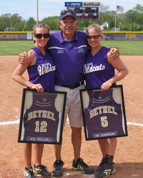 Coach Geraldi and the Lady Wildcats honored seniors Whitney Taylor and Blaire Johnson (l to r).