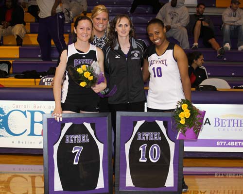 Bethel recongized seniors (l) Abbey Masters and Michele Cunha (r) as well as Graduate Assistant Coach Leah White (back)