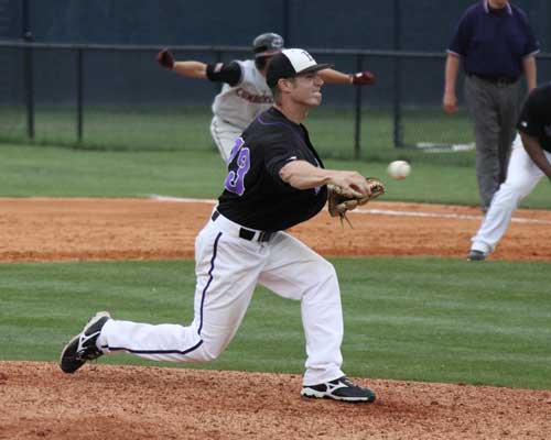 Dustin Blakney pitches in relief against #2 Cumberland University in the TranSouth Conference Tournament