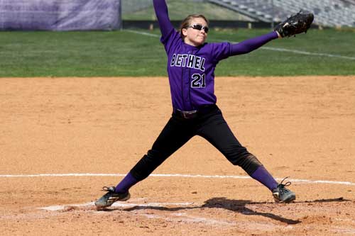 Bethel's Ashton Carnahan delivers a pitch against Cumberland University